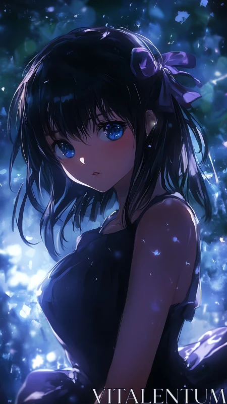 Nocturnal anime portrait with blue bokeh and rim lighting