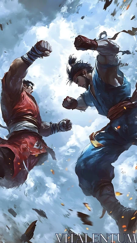 Sky-shattering duel between red warrior and blue rival.
