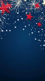 Patriotic fireworks border with red stars on navy background.
