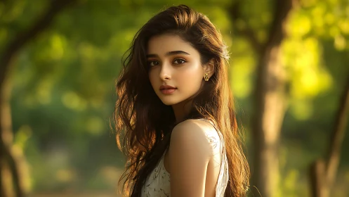 Young woman stands outdoors under warm green forest light