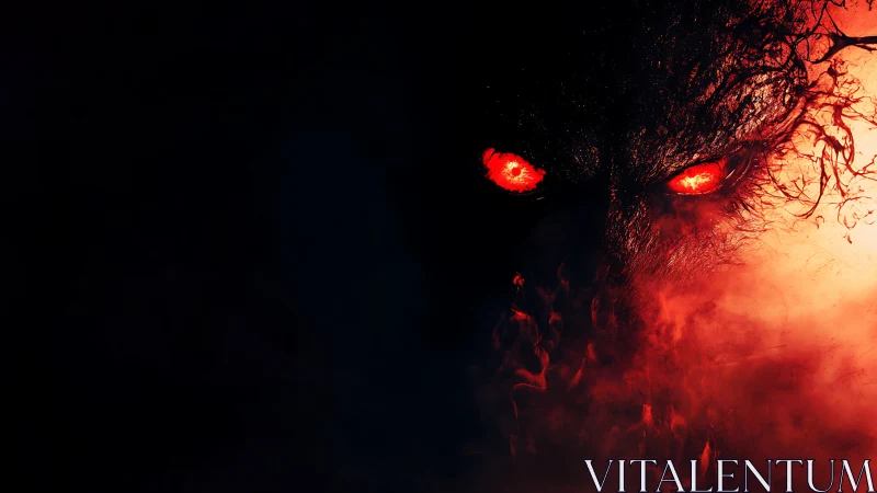 Red-lit creature eyes emerge from dense black negative space