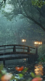 Wooden garden bridge glows softly under heavy evening rain