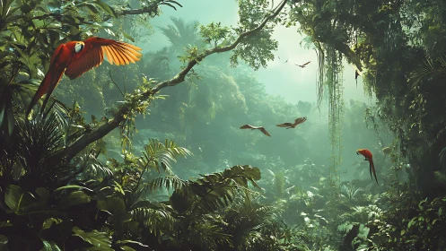Scarlet macaws glide gently above a lush emerald rainforest