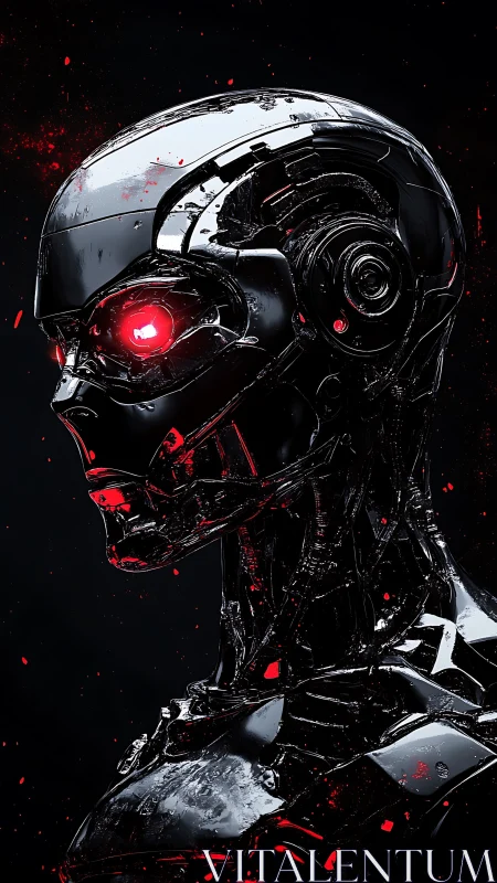 Dark chrome cyborg portrait with glowing red eyes.