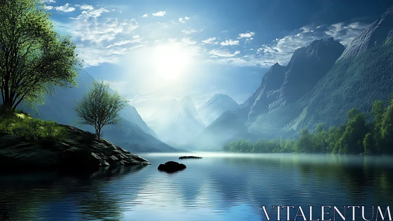 Mountain lake landscape under strong backlit sunlight.