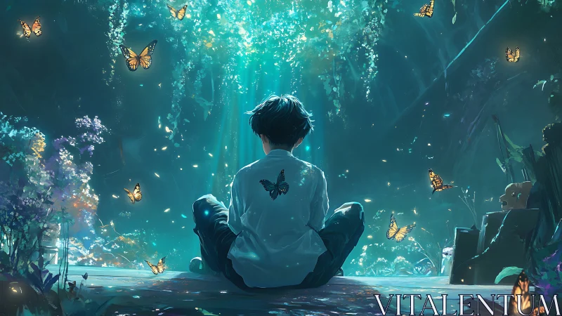 Boy sits in glowing forest clearing surrounded by butterflies