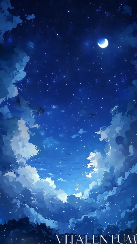 Crescent moon illuminates stratified night clouds in anime sky