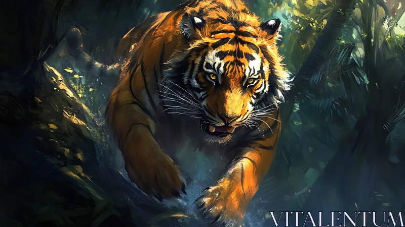 Jungle thunder: painted tiger hurtling through green shadows.