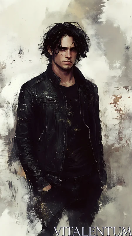 Brooding man in black leather jacket against abstract wall.