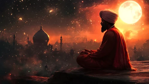 Moonlit mystic rests above a glowing celestial palace sky