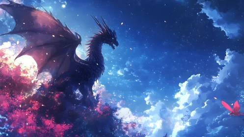 Starlit dragon watches glowing butterfly over nebula clouds.
