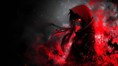 Hooded anime figure with glowing red eyes in dark flames