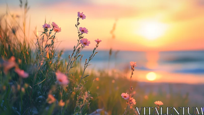 Soft sunset light over coastal wildflowers at shoreline.
