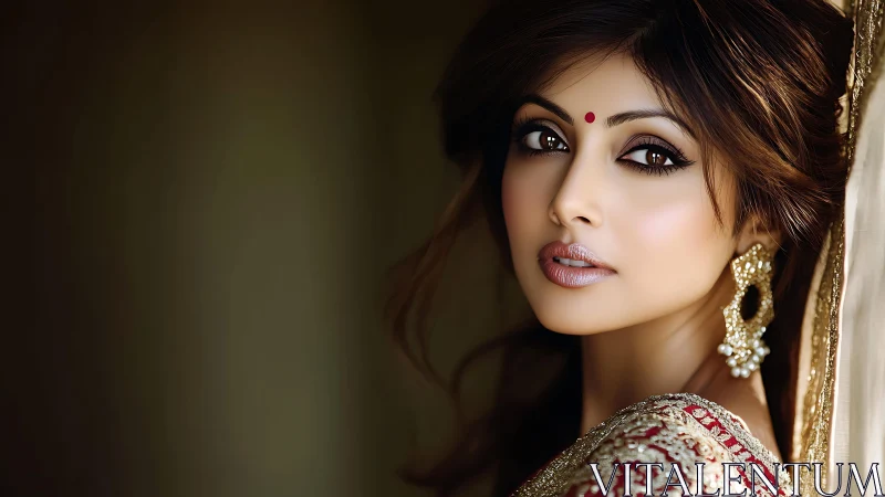 Elegant Indian bride gazes softly in warm side light.