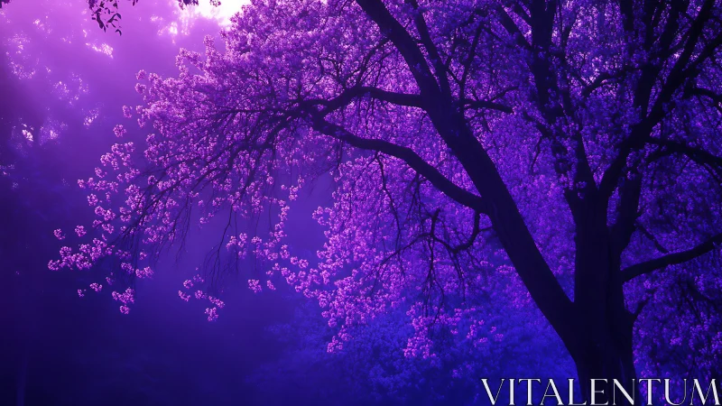 High-contrast violet forest canopy renders ethereal backlit bloom