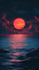 Crimson moonrise ignites midnight waves and stormlit sky.