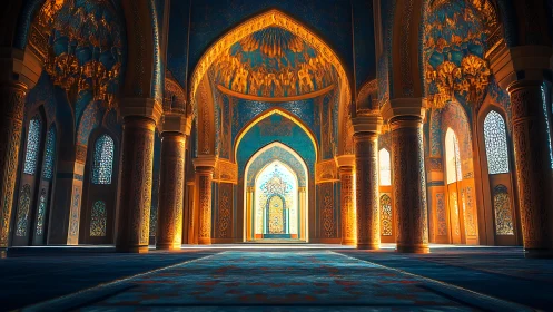 Ornate mosque interior with arches in warm side light.