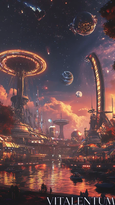 Starlit riverport beneath glowing orbital rings at dusk.