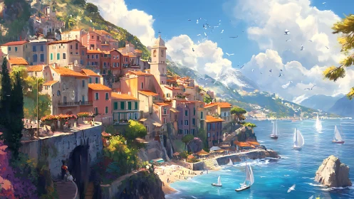 Coastal hillside town with harbor, cliffs and distant mountains.