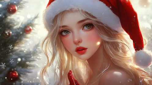 Christmas girl in red Santa hat amid glowing snow