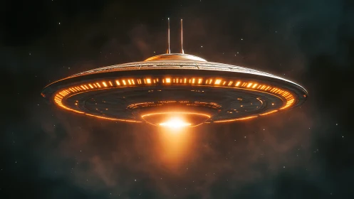 Disc-shaped spacecraft with illuminated rim hovering in space.