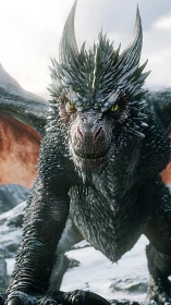 Spiked obsidian dragon poised on icy battlefield at dawn.