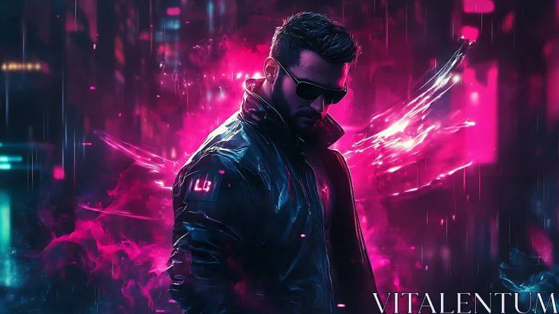 Man in leather jacket stands in neon pink cyberpunk light