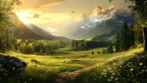 Golden hour alpine valley rendered in luminous digital realism