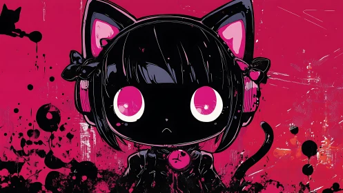 Neon-eyed chibi cat girl set in bold pink splatter art.