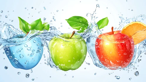 Colorful apples and citrus segments splashing in water.