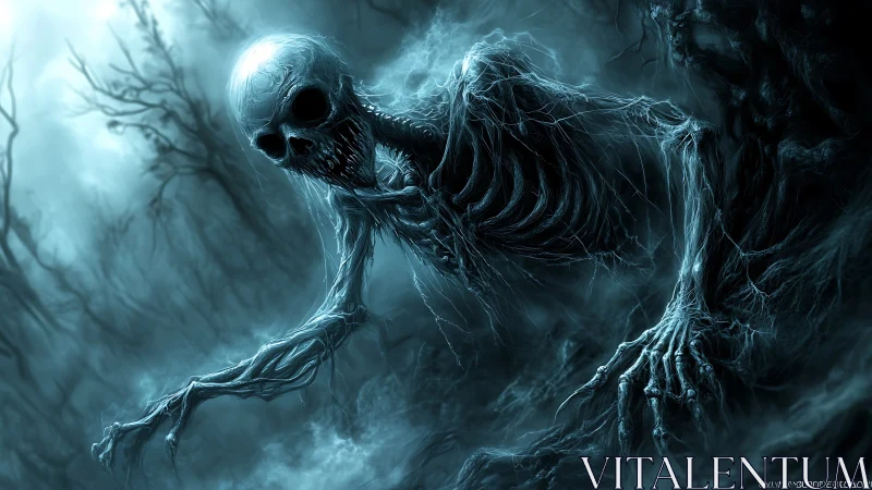 Skeletal corpse crawls through misty blue horror forest scene