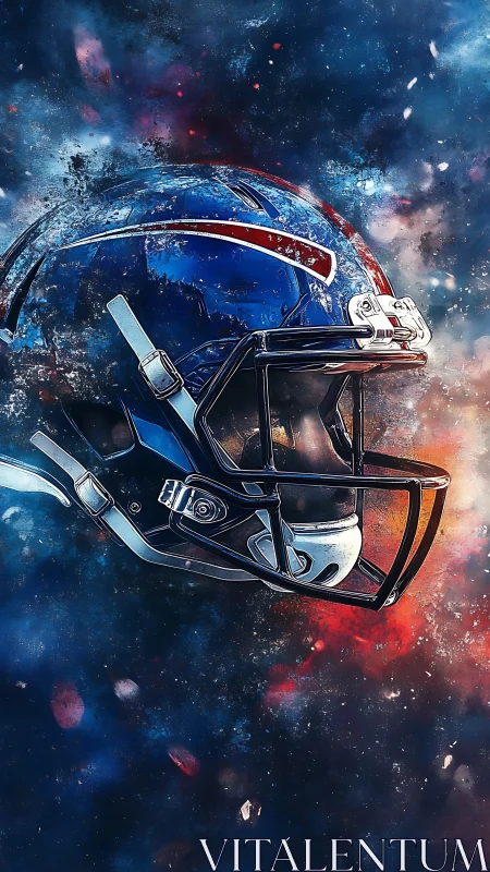 Blue football helmet suspended in cosmic energy field.