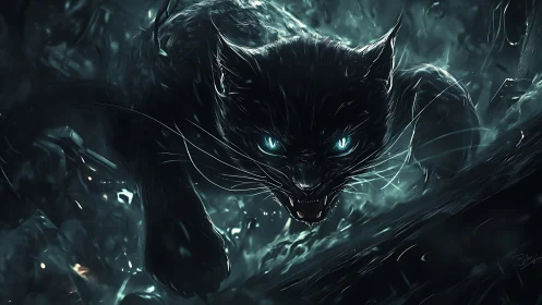 Midnight panther pounces with electric glacier eyes.