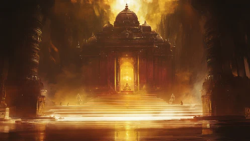Golden temple throne glows within a vast mystical cavern