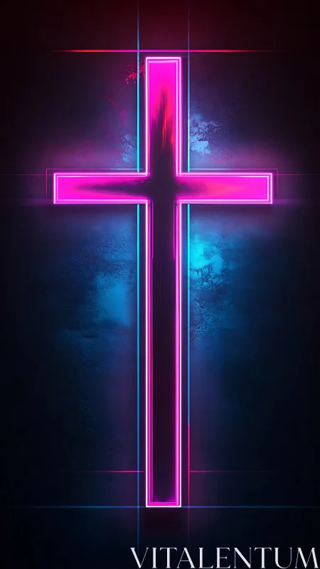 Radiant neon cross glows softly against a deep blue night