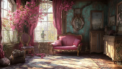 Ornate sitting room with pink sofa and abundant florals.