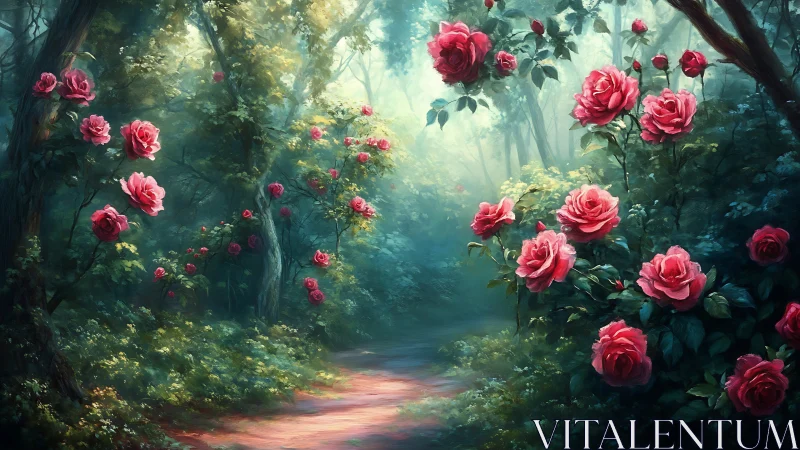 Forest pathway with blooming roses under diffused light