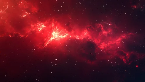 Fiery red nebula glows gently across a quiet star field