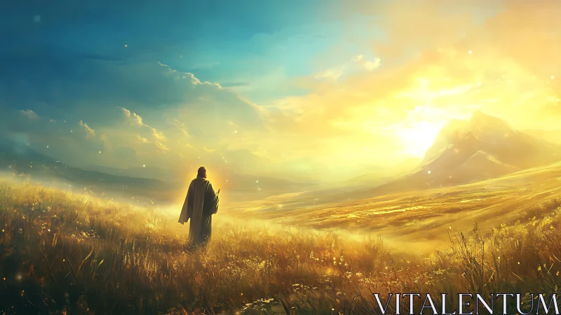 Solitary robed figure walks toward radiant mountain sunrise