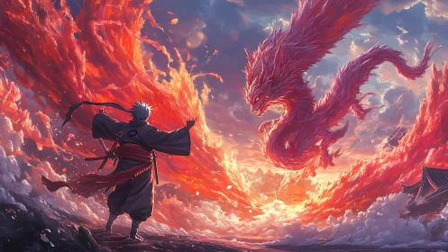 Samurai confronts flaming dragon amid stormlit sky.
