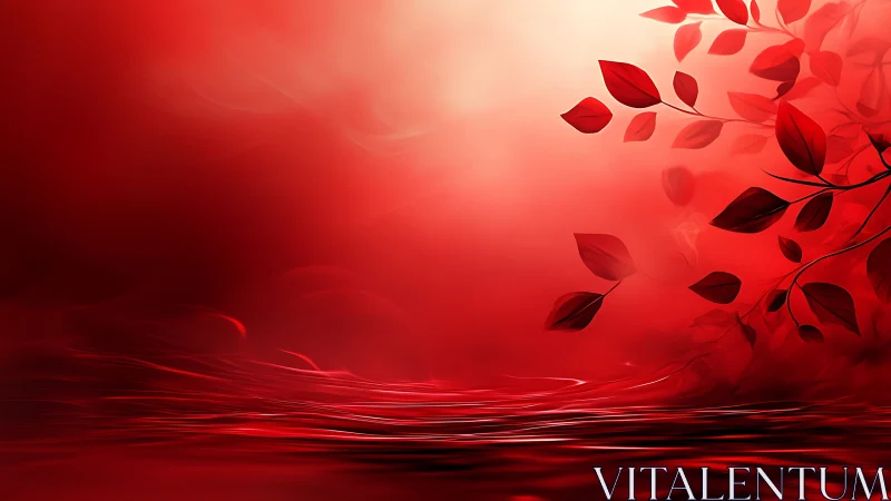 Crimson leaves drifting above a softly glowing red sea.