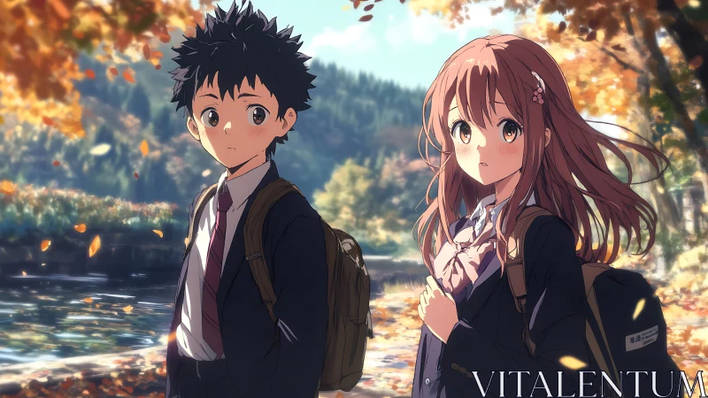 Autumn school walk with anime students beside river