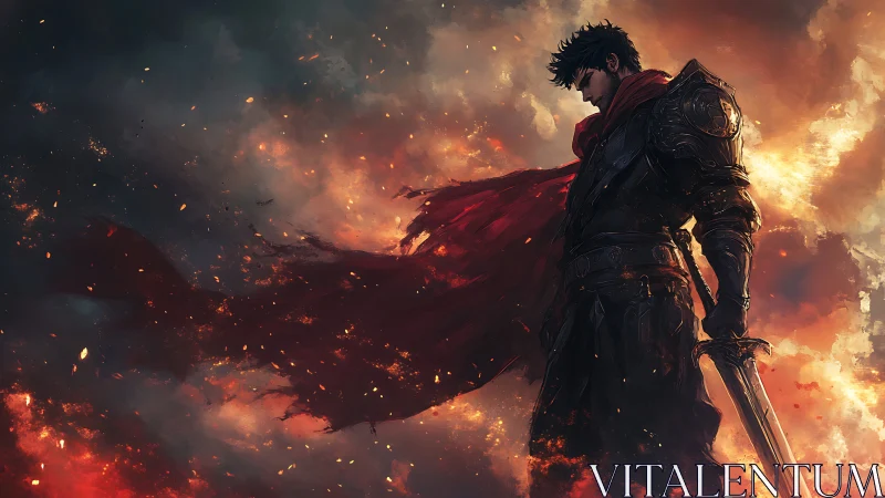 Brooding armored swordsman in flames and stormy sky scene.