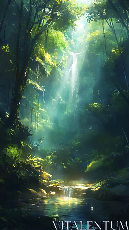 Sacred Forest Waterfall Shrouded in Ethereal Light