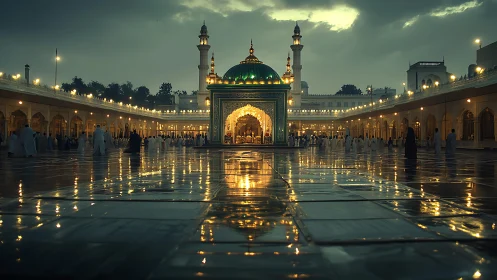 Rainlit shrine courtyard dreaming in gold and emerald dusk.