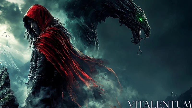 A brooding red-hooded wanderer stands before a looming dragon