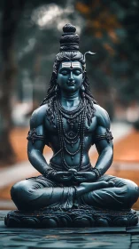 Meditative Shiva sculpture in teal monochrome focus.