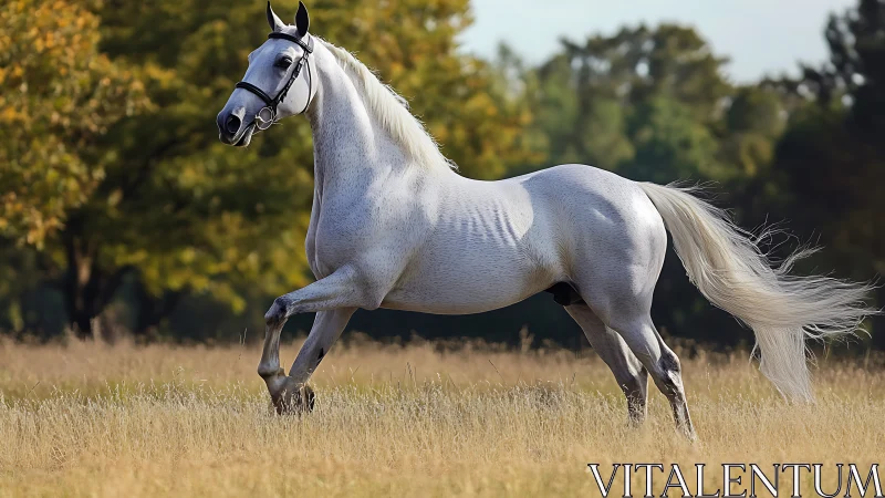 Sunlit white horse trotting through a golden meadow field.