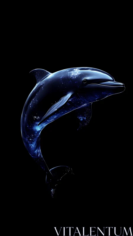 Digital render of luminous blue dolphin on black field.