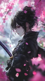 Samurai figure stands amid dense pink cherry blossoms